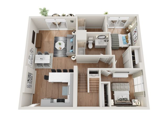 Chic 3D floor plan showcasing 2 bedrooms, modern kitchen, elegant living area, and spacious bathroom with stylish decor.