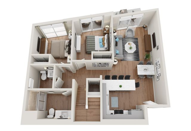 Modern 3D apartment floor plan showcasing 2 bedrooms, elegant open-concept living and dining area, sleek kitchen, and balcony view.