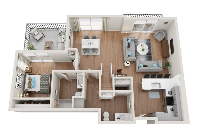 Modern apartment floor plan with a cozy bedroom, elegant living room, open kitchen with bar seating, and a private balcony.