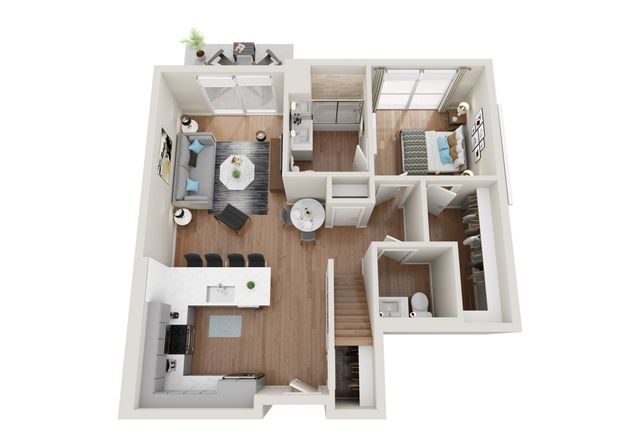 Chic floor plan showcasing a one-bedroom apartment with an open-concept living area, modern kitchen, stylish bathroom, and a cozy balcony.