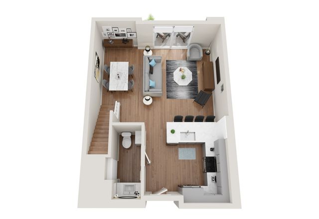 Modern open-concept floor plan showcasing a spacious living room, stylish kitchen with island seating, elegant dining area, and convenient half-bath.