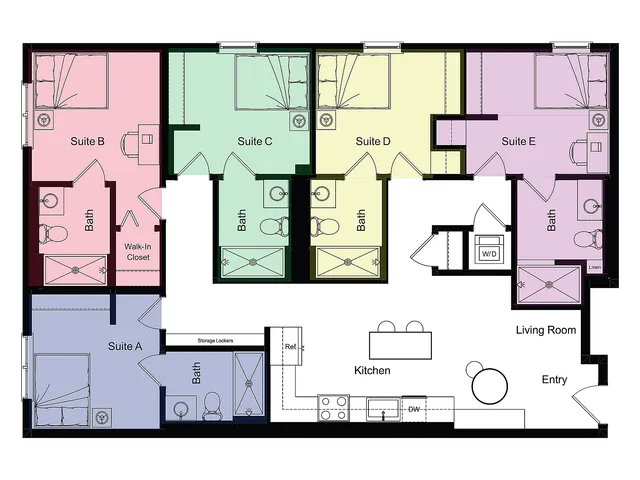 Vibrant and spacious floor plan showcasing five suites, each with private baths, a modern kitchen, open living room, and convenient storage areas.