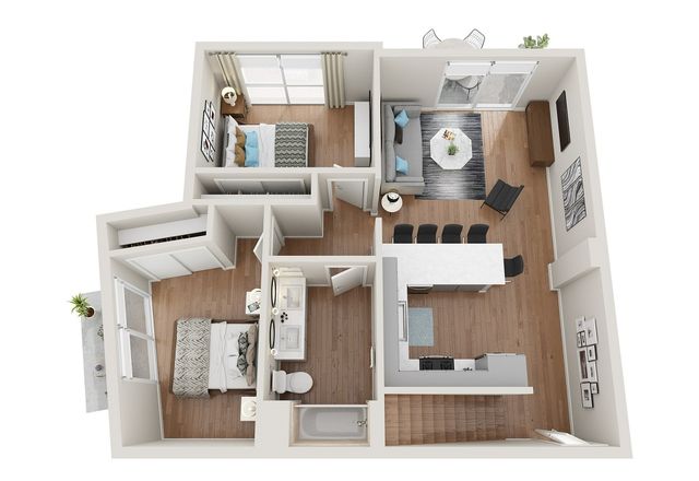 Charming 3D floor plan displaying 2 bedrooms, modern kitchen, cozy living room, and elegant dining area with natural lighting.
