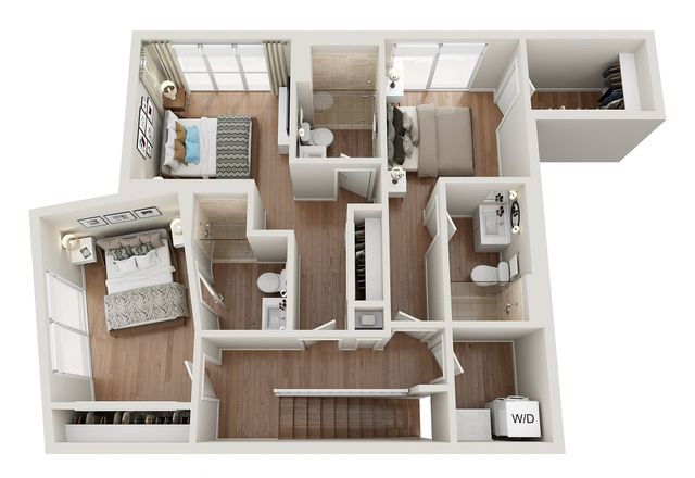 Modern 3D floor plan showcasing three spacious bedrooms, elegant bathrooms, and a convenient washer/dryer area, designed for comfortable living.