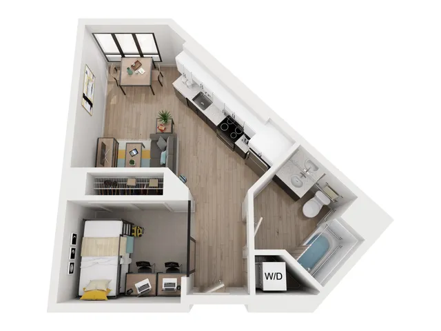 Modern floor plan showcasing a 1-bedroom apartment with an open living area, sleek kitchen, and a stylish bathroom, featuring a dedicated workspace and in-unit washer and dryer.
