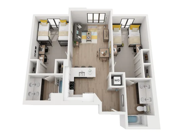 Modern 3D floor plan showcasing two cozy bedrooms, a stylish open-concept living and dining area, and a sleek kitchen with island seating. Includes two elegant bathrooms and in-unit laundry.