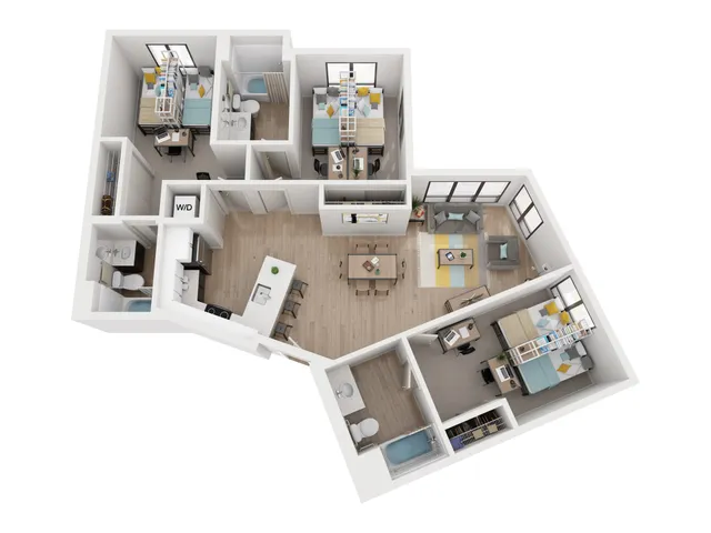 Modern 3D apartment floor plan featuring 3 bedrooms, a bright open-concept living and dining area, sleek kitchen with island, and two stylish bathrooms.