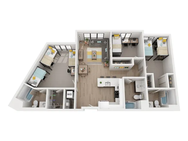 Modern 3D floor plan featuring three spacious bedrooms, a stylish open-concept living and dining area, fully-equipped kitchen, and two bathrooms. Ideal for contemporary living with ample natural light and a practical layout.