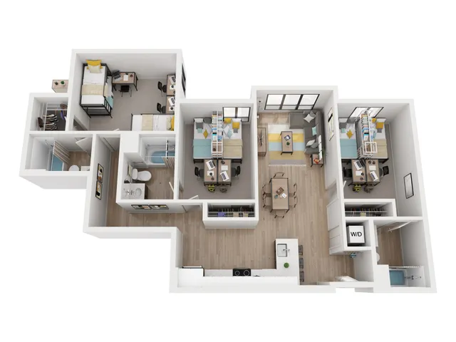 Contemporary 3D floor plan showcasing 3 bedrooms, spacious open living area, modern kitchen, and cozy dining space with ample natural light.