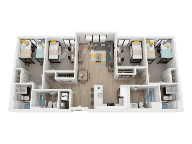 Modern 3-bedroom apartment floor plan showcasing an open living area, sleek kitchen, and two stylish bathrooms.