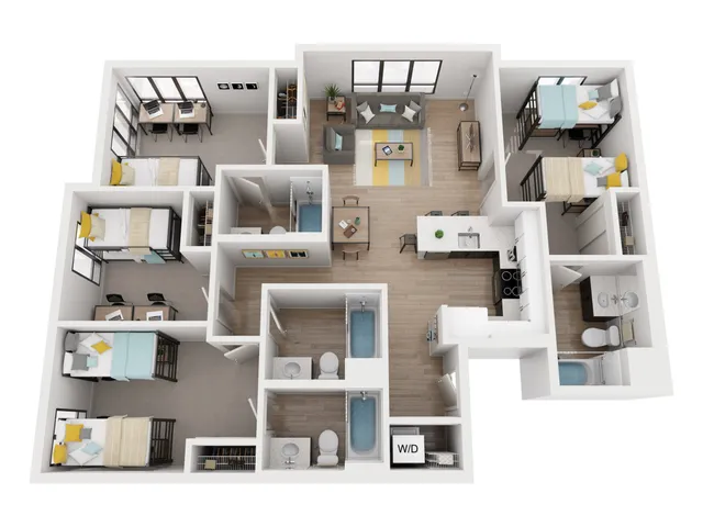 Modern 3D floor plan with three bedrooms, stylish open living area, sleek kitchen, and two bathrooms, showcasing contemporary apartment living.