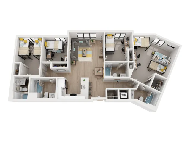 Modern 3D floor plan showcasing a stylish apartment with three bedrooms, open living area, sleek kitchen, and two bathrooms.