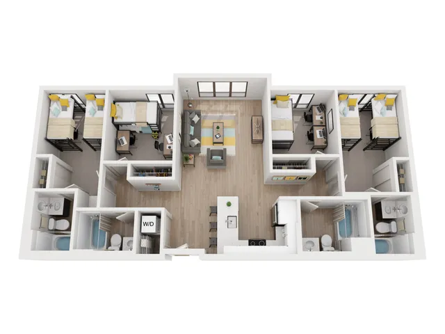 Modern 3D floor plan showcasing four bedrooms with workstations, an open-concept living and kitchen area, three bathrooms, and convenient in-unit laundry.