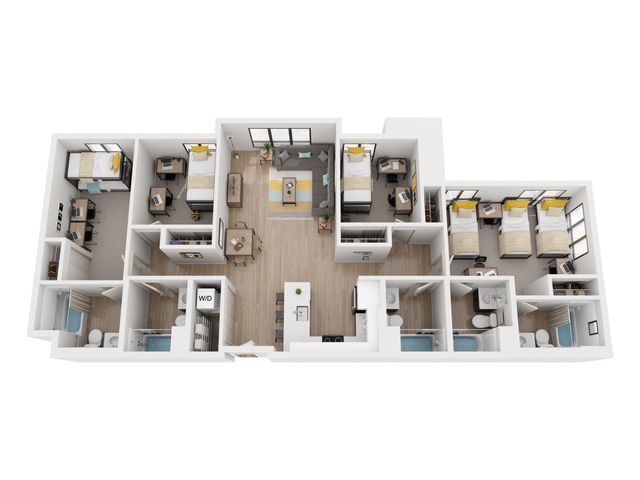 Modern apartment floor plan with three bedrooms, sleek kitchen, cozy living area, and multiple bathrooms offering a spacious and elegant layout.