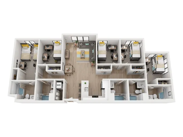 Modern 3D floor plan showcasing a spacious apartment with six bedrooms, a cozy living area, and a contemporary kitchen, ideal for comfortable living.