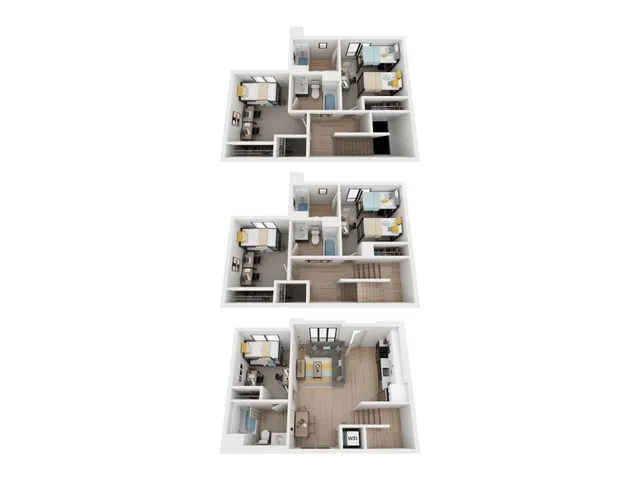 Modern 3D floor plan showcasing a multi-level apartment with two bedrooms, stylish kitchen, and inviting living area.