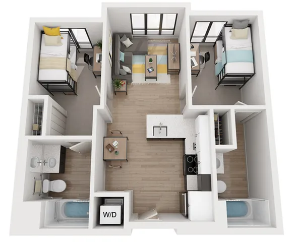 Modern 2D floor plan highlighting a cozy 2-bedroom layout with a contemporary kitchen, inviting living area, and two bathrooms, featuring ample natural light and stylish design.