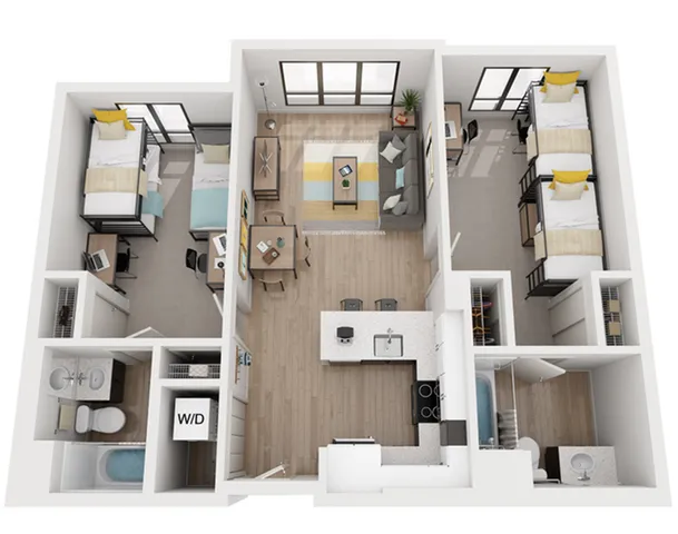 Contemporary 3D floor plan with two cozy bedrooms, stylish open-plan kitchen, inviting living space, and sleek bathrooms, perfect for modern living.