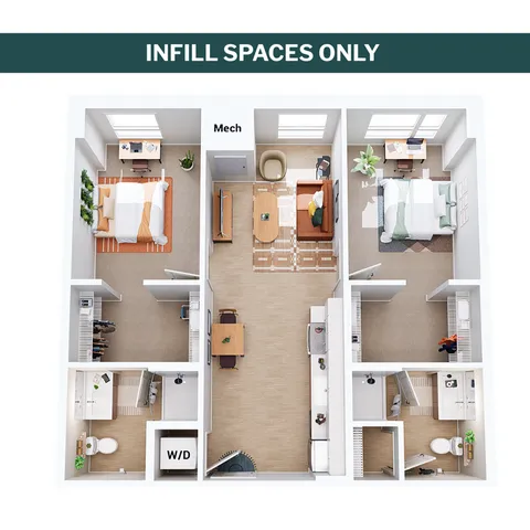 Modern 2-bedroom apartment floor plan with an open living area, stylish kitchen, and two bathrooms featuring elegant design details.