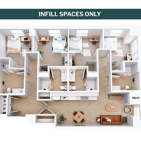 Modern 3D floor plan showcasing three bedrooms, a well-designed open kitchen, spacious living area, and two sleek bathrooms.