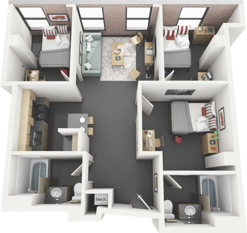 Modern 3D floor plan showcasing 3 cozy bedrooms, a welcoming living space, open kitchen area, and two stylish bathrooms.