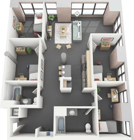Chic 3D apartment layout showcasing three bedrooms, a modern open-plan living area, spacious kitchen, and abundant natural light from large windows.