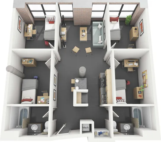 Contemporary 3D floor plan with three cozy bedrooms, modern kitchen, inviting living area, and ample natural light.