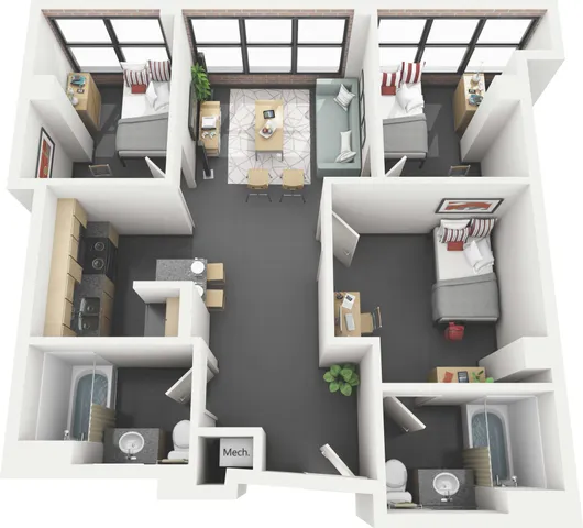 Modern 3D floor plan showcasing a spacious apartment with three bedrooms, an open living area, stylish kitchen, two bathrooms, and large windows providing ample natural light.