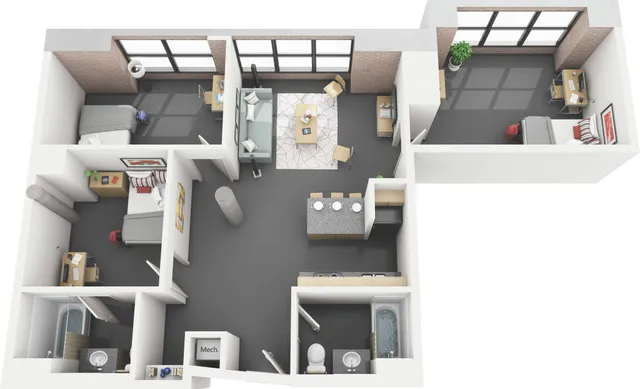 Modern 3D floor plan showcasing two bedrooms, a bright living space, stylish kitchen, and two bathrooms with open lounge area and large windows.