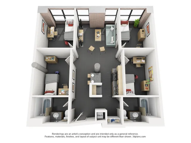 Contemporary 3D floor plan showcasing three bedrooms, a stylish living area, and a modern kitchen with ample natural light.