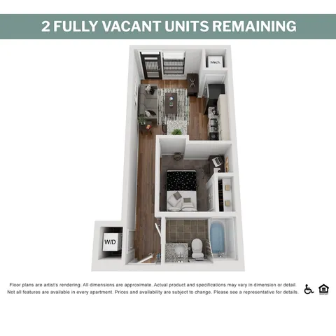 Inviting 3D floor plan with 1 bedroom, modern living area, sleek kitchen, and bathroom. Includes washer/dryer for convenience.