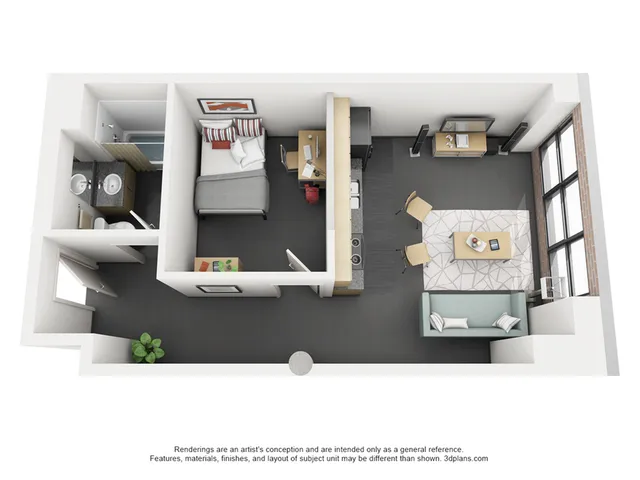 Modern 3D floor plan showcasing a cozy apartment with one bedroom, a sleek bathroom, open living area, and a stylish kitchen. Abundant natural light through large windows enhances the elegant design.