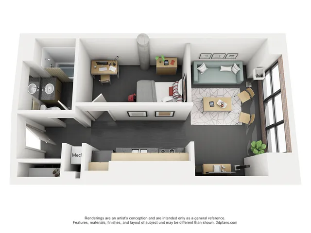 Modern open-concept floor plan with one bedroom, cozy living area, and stylish kitchen, ideal for urban living.