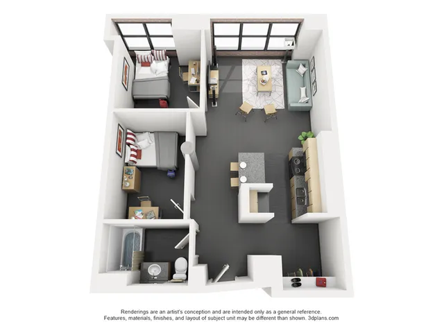 Modern 3D floor plan showcasing 2 cozy bedrooms, a stylish living room, sleek kitchen, and elegant bathroom layout.