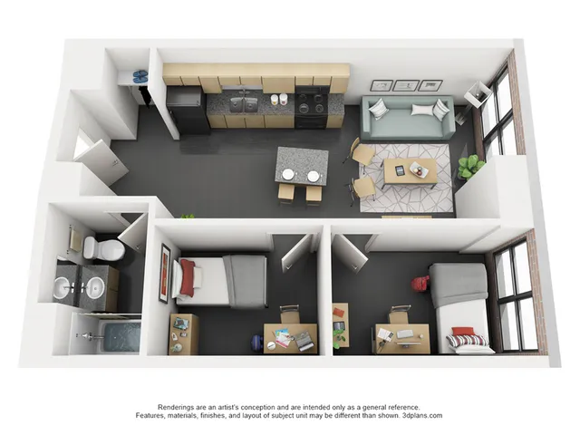 Elegant 3D floor plan showcasing a modern apartment with two bedrooms, a sleek kitchen, cozy living space, and a stylish bathroom.