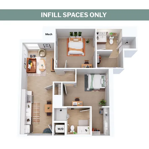 Modern 3D floor plan showcasing a stylish apartment with two cozy bedrooms, an inviting living room, a sleek kitchen, and well-designed bathrooms. Includes W/D area for convenience.