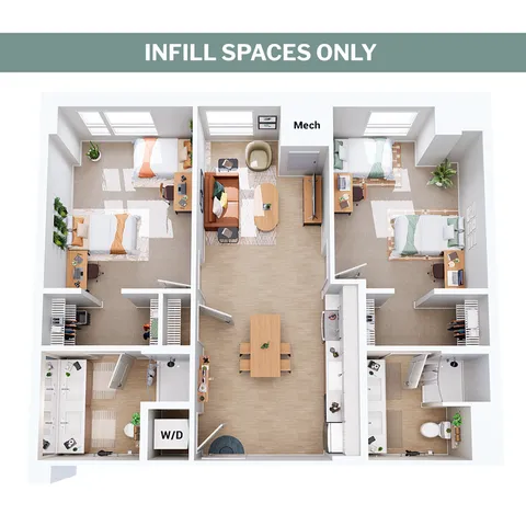 Modern 3D floor plan showcasing two spacious bedrooms, a welcoming living area, and a functional kitchen, ideal for infill spaces.