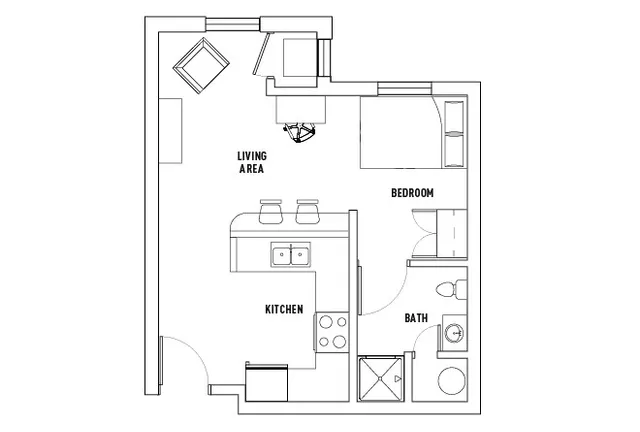 Chic floor plan showcasing an open living area, a cozy kitchen with bar seating, one bedroom, and a modern bathroom.