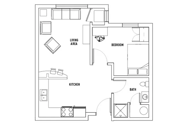 Modern 1-bedroom floor plan featuring an open-concept living area, stylish kitchen, and well-appointed bath.