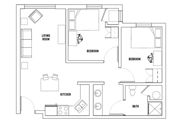 Chic 2-bedroom floor plan with open living room and modern kitchen, featuring a stylish bathroom.
