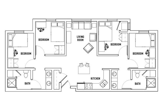 Modern apartment floor plan showcasing 3 bedrooms, a spacious living room, and a functional kitchen with two baths.