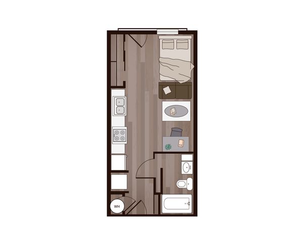 Chic studio apartment floor plan with open layout, cozy bedroom area, modern kitchen, and sleek bathroom.