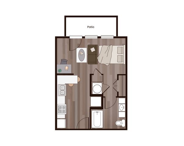 Charming floor plan with a spacious bedroom, cozy living area, modern kitchen, and inviting patio.
