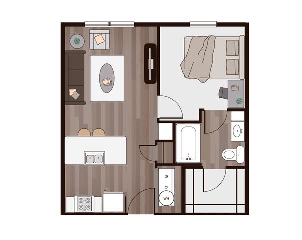 Modern 1-bedroom luxury apartment floor plan with open-concept living area, stylish kitchen, and elegant bathroom design.