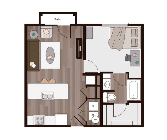 Contemporary 1-bedroom floor plan featuring a spacious patio, open living area, modern kitchen with island seating, and convenient in-unit laundry.