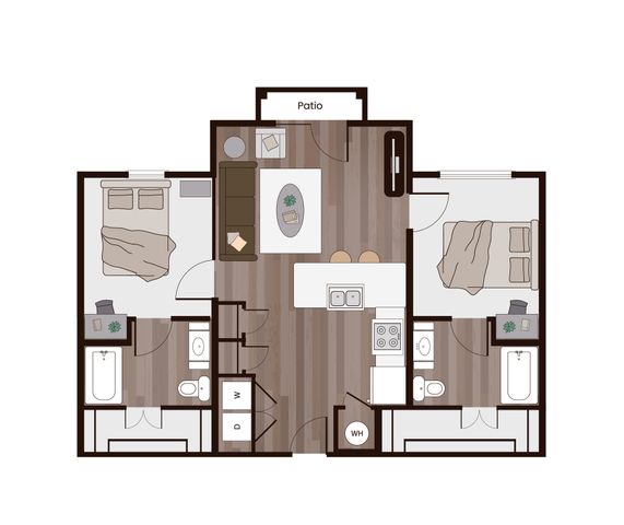 Modern floor plan showcasing 2 bedrooms, central living area, kitchen with island, and private patio access, ideal for comfortable living.