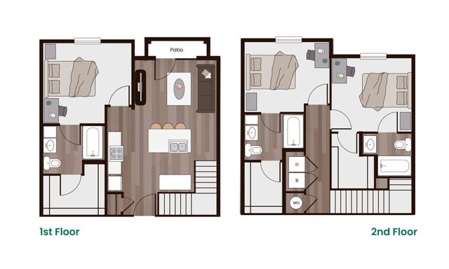 Chic townhouse floor plan with two levels, featuring three cozy bedrooms, spacious open-concept living room, modern kitchen with island, private patio, and convenient laundry area.