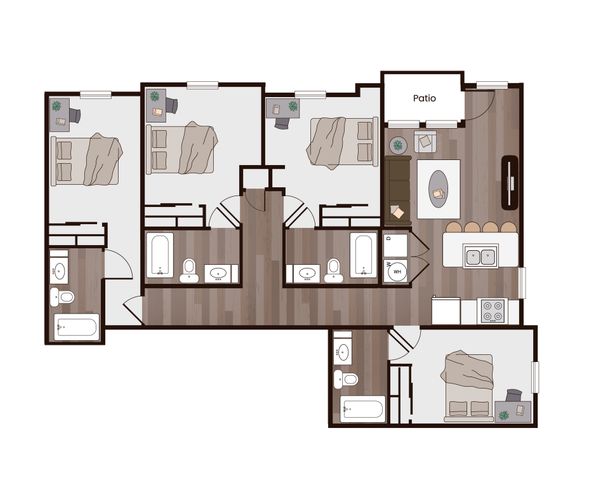 Modern floor plan with 3 bedrooms, open living area, sleek kitchen, and cozy patio, ideal for comfortable living.