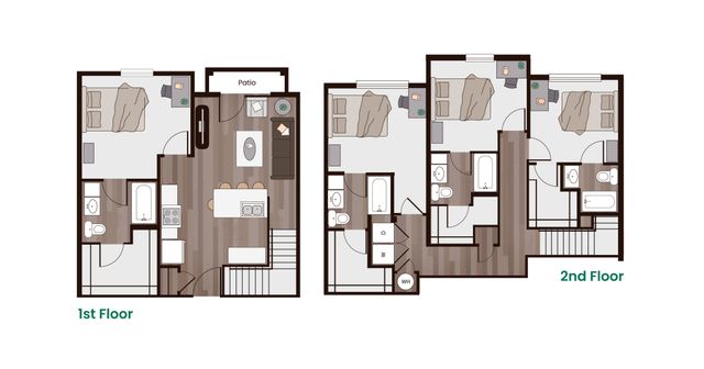 Contemporary two-level floor plan showcasing 3 bedrooms, open living area with patio, and modern kitchen. Ideal for comfortable urban living.