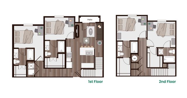 Modern two-story floor plan with three bedrooms, open kitchen, and cozy living area, featuring a first-floor patio and practical layout.